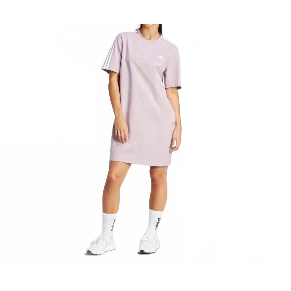 NEW ADIDAS women's 3 stripes bf t shirt dress in preloved fig/white